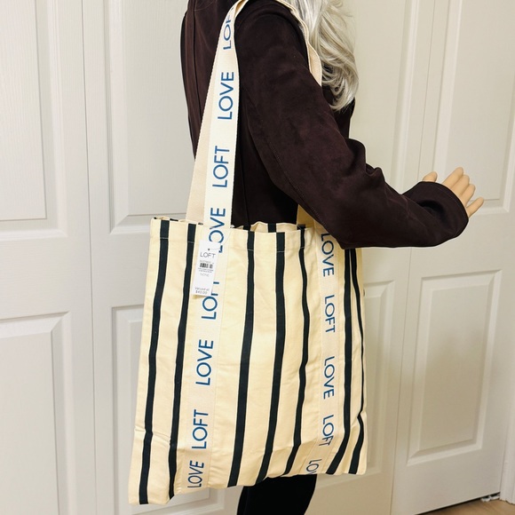 LOFT LOVE Canvas Cream Striped Shopping Tote NWT - Picture 2 of 11